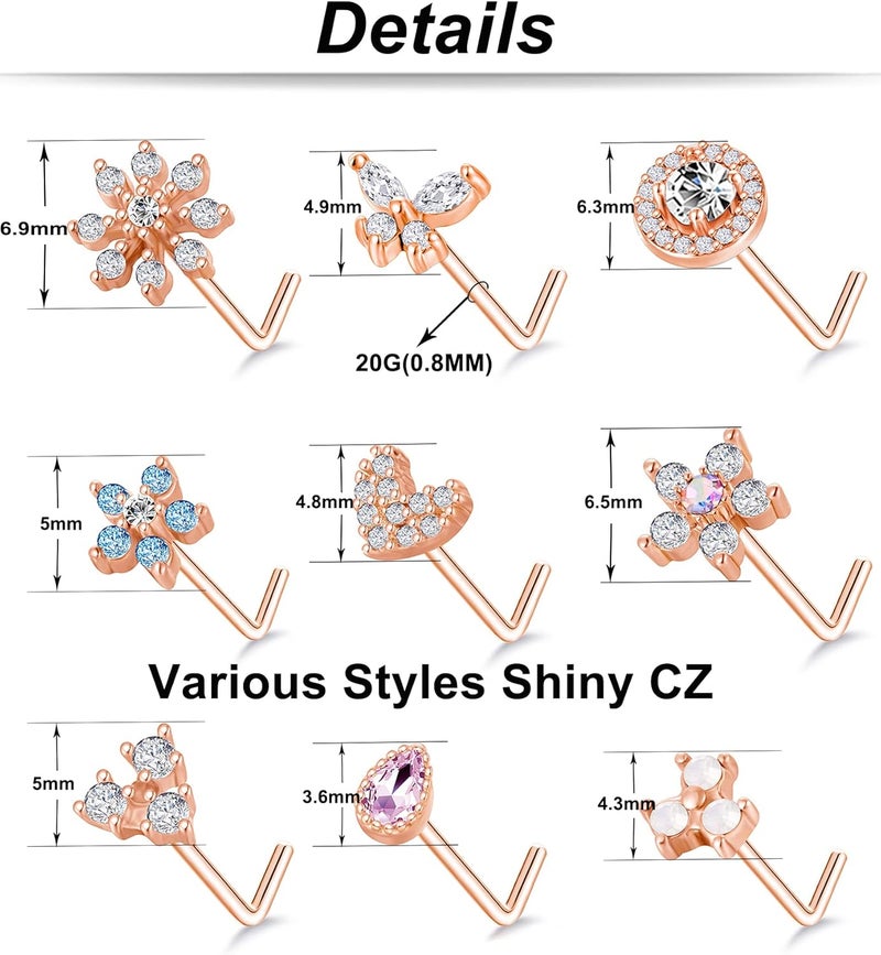 Tornito 9Pcs Nose Rings Stud L Bone Screw Shaped Nose Ring Flower CZ Snowflake Butterfly Screw Nose Stud Body Piercing Jewelry for Women Men 20G Silver Gold Rose Gold Tone - Image 4